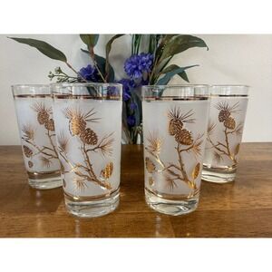 Vintage Libbey Pine Cone Highball Glasses Gold Frosted Tumblers Barware Set MCM